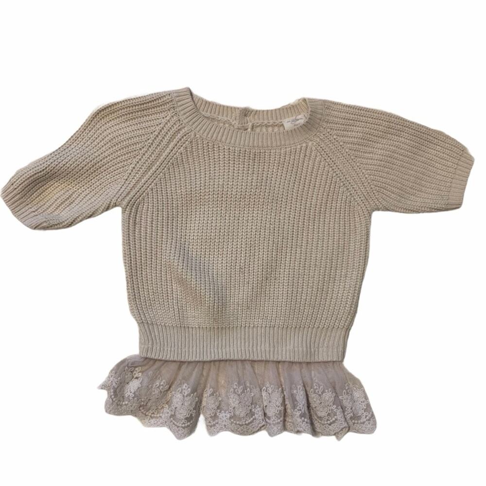M.L. Kids Cream Knit Sweater with Lace Ruffle Trim